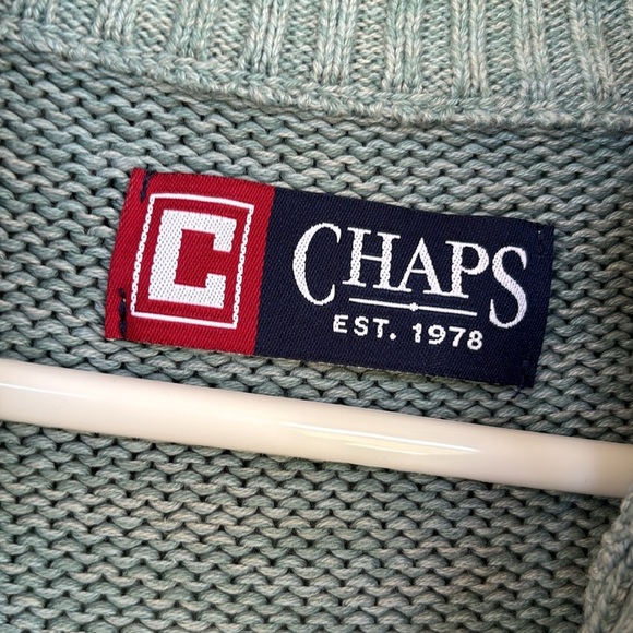 Chaps Light Green Mock Neck Button Up Elbow Patches Sweater - Picture 3 of 9